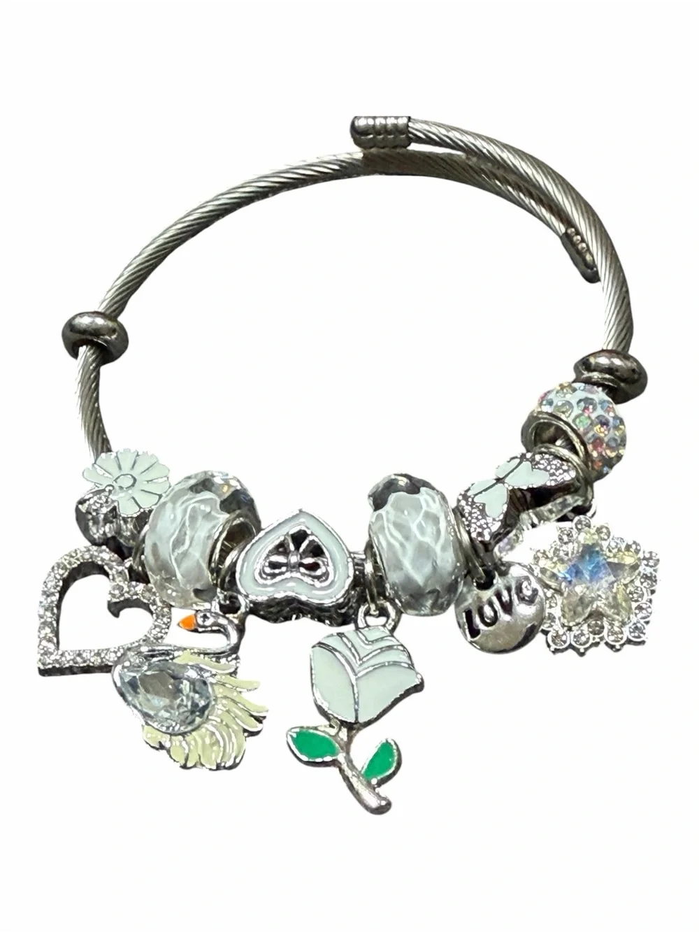 Silver Charm Twisted Banglewith White and Green Accents - Women Jewelry